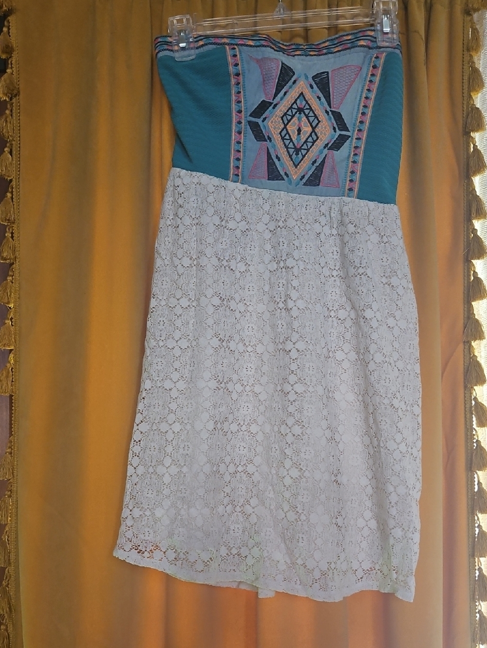 Teal Embroidered Strapless Lace Dress